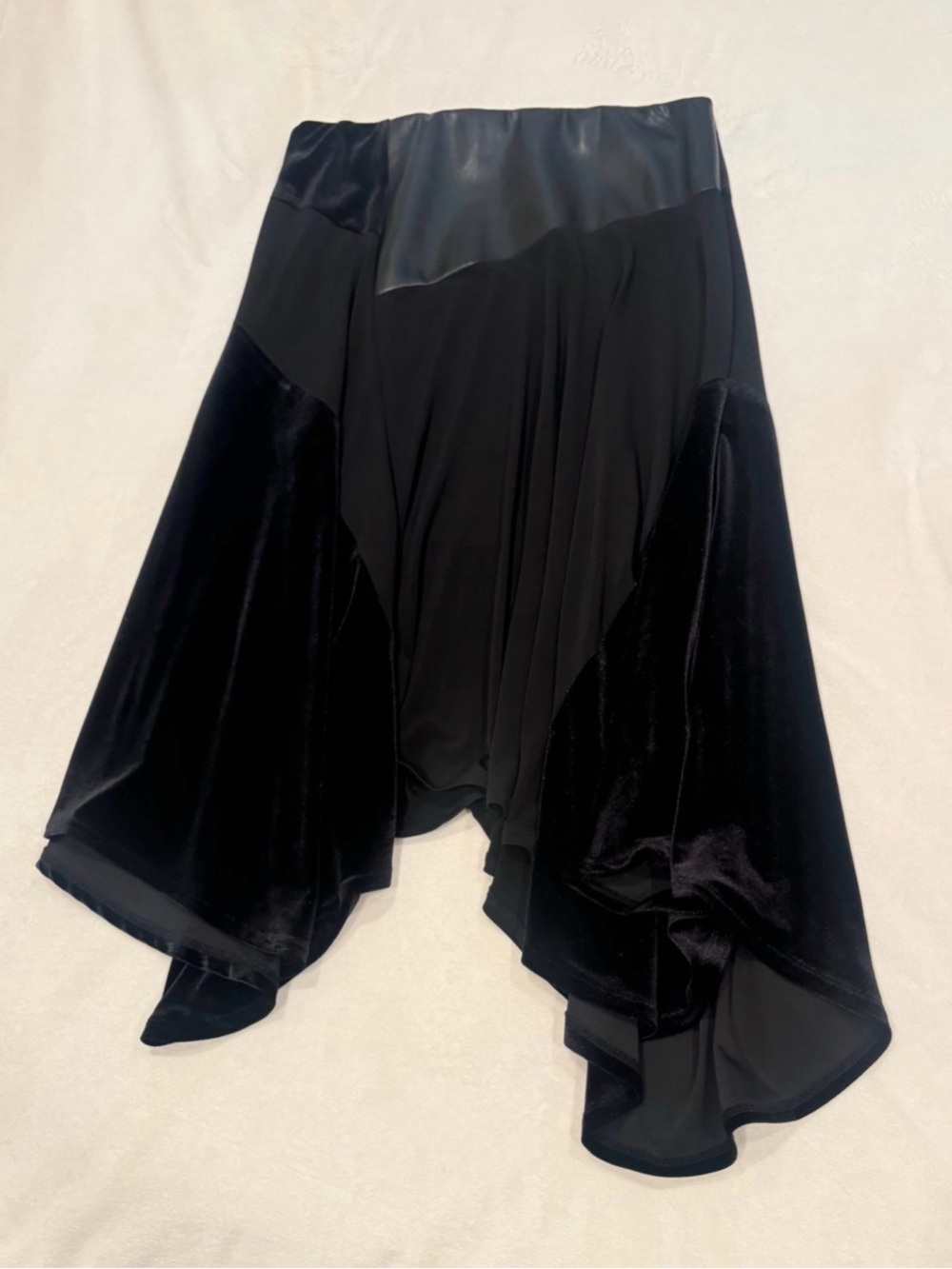 Calvin Klein Black Mixed Media Skirt Velvet Faux Leather Asymmetrical Drape - M